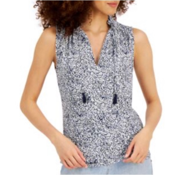 Cute stretch INC paisley top from Macys with tie neck and blue tassels - Picture 9 of 11